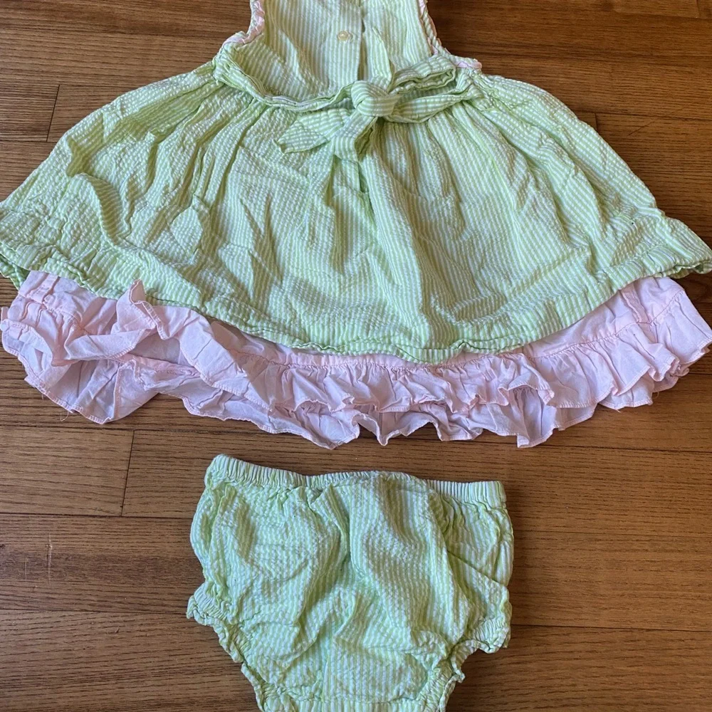 VTG Ralph Lauren Gingam Baby Girls 9 months Dress Set Seersucker Green & Pink